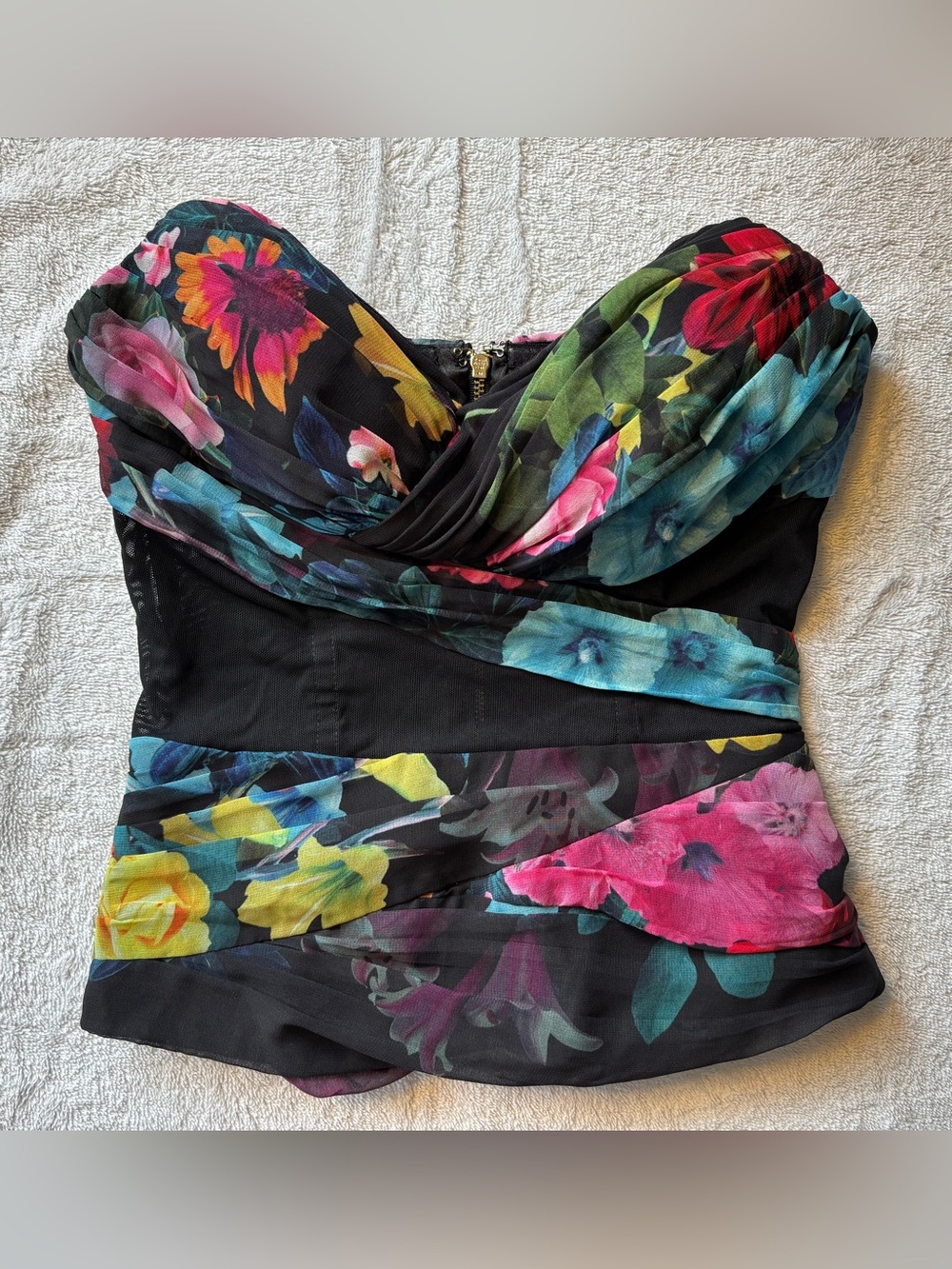 bebe Black Strapless Floral Draped Camisole - Multi